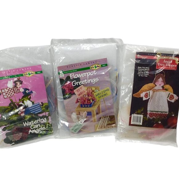 Lot of 3 Plastic Canvas Kits Needlepoint Kit Angel Tree Topper Plant Flowers NIP - Picture 1 of 5